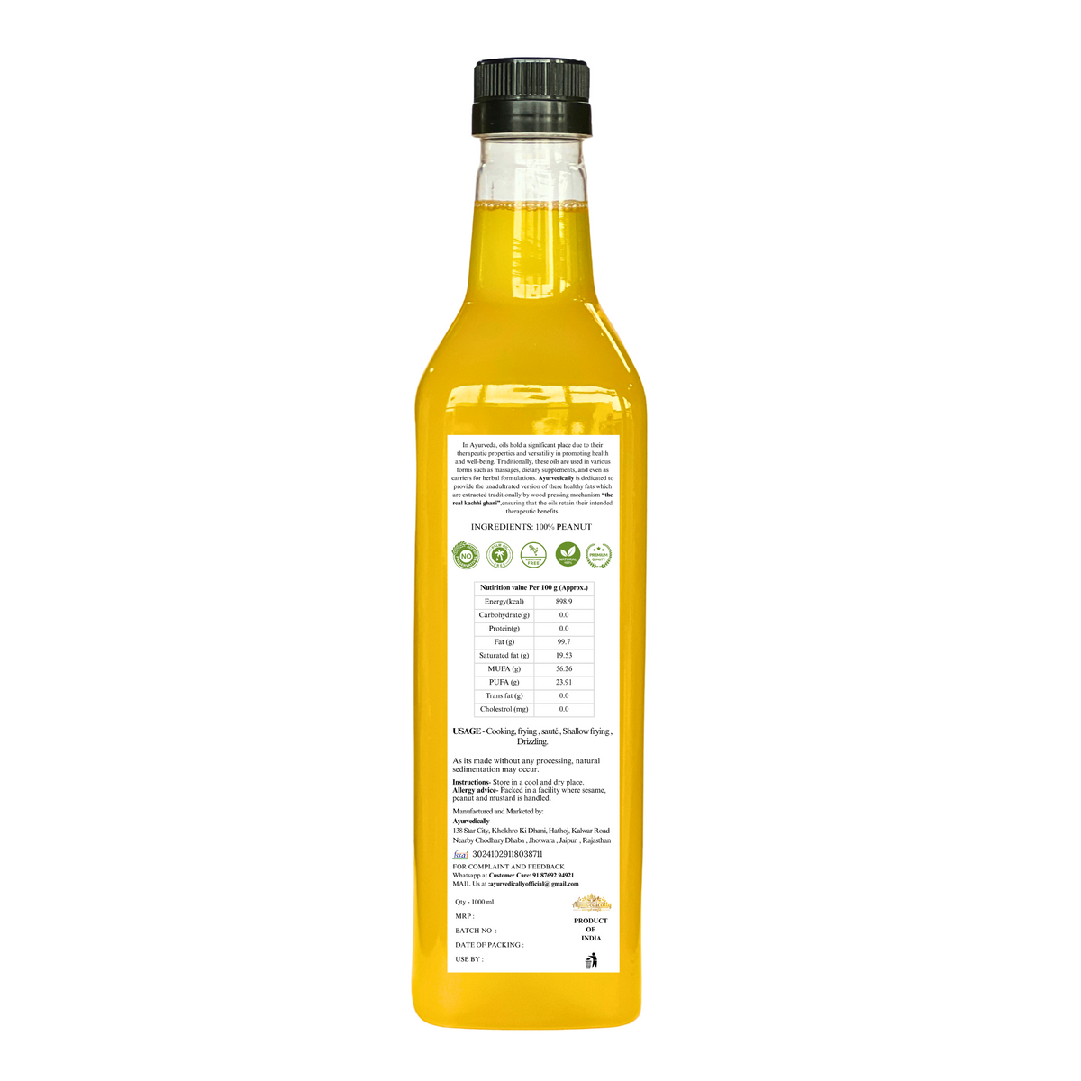 Wood-Pressed Peanut (Groundnut) Oil - Lakdi Ghani (1L)