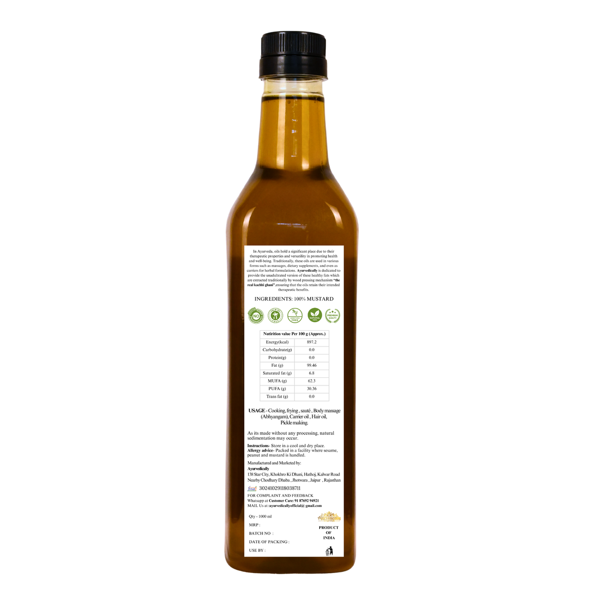 Wood-Pressed Mustard Oil - Kachi Ghani, Unrefined (1L)