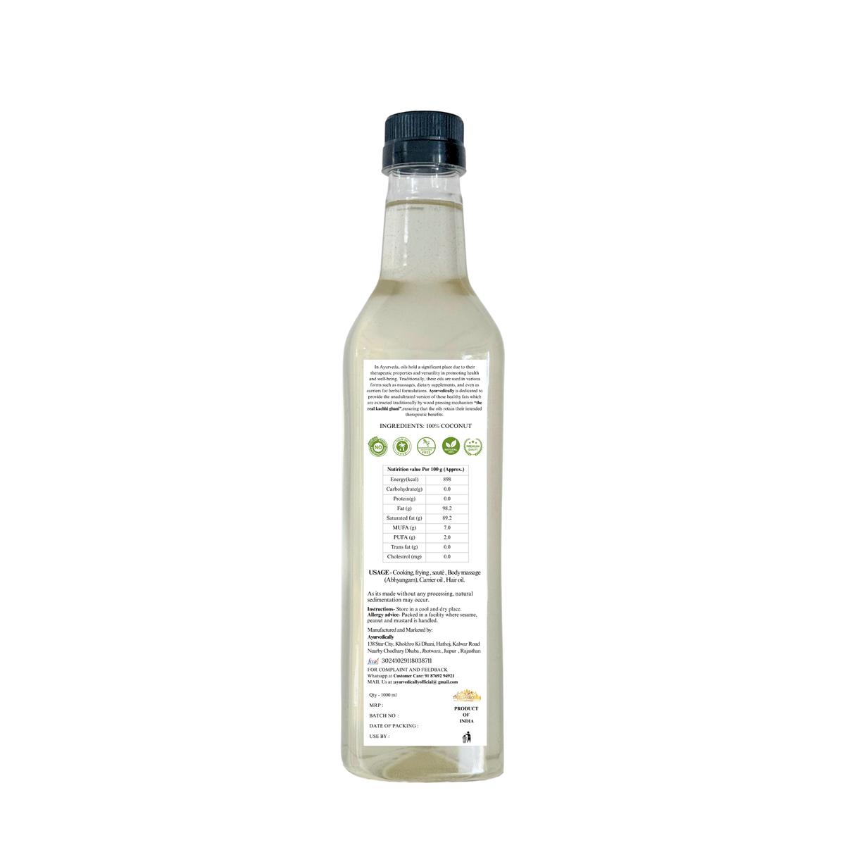 Cold-Pressed Coconut Oil - 100% Pure, Chemical-Free (1L)
