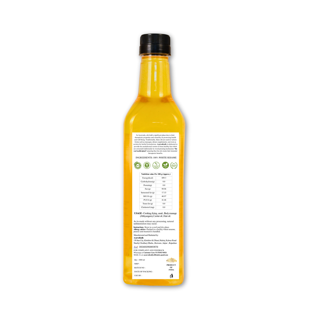 Wood-Pressed Sesame (Til) Oil - Cold-Extracted, Pure (1L)